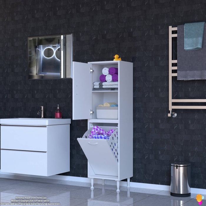 Modilayn İLKİM 45 x 138 x 32,5 cm lik Kapak İçi Çift Raflı, Tek Göz Akıllı Çamaşır Sepetli Dolap
