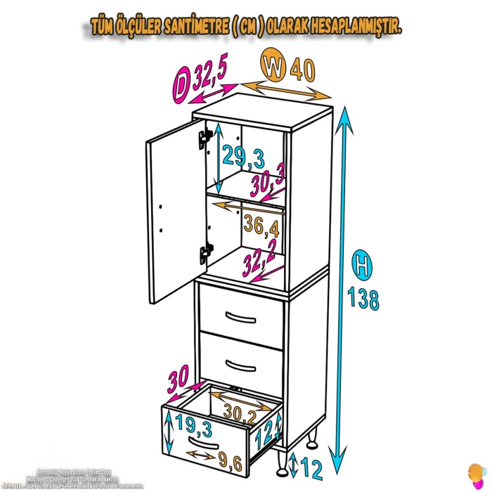 Modilayn İLKİM 40 x 138 x 32,5 cm lik Kapak İçi Çift Raflı ve 3 Çekmeceli Düzen Harikası Dolap