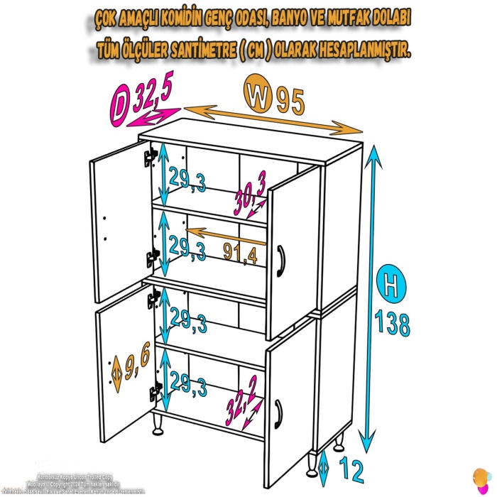 Modilayn OHBE 95x138x32,5 cm Ekstra Düzen İçin Kullanışlı 4 Kapak 4 Bölmeli Banyo Mutfak Dolabı