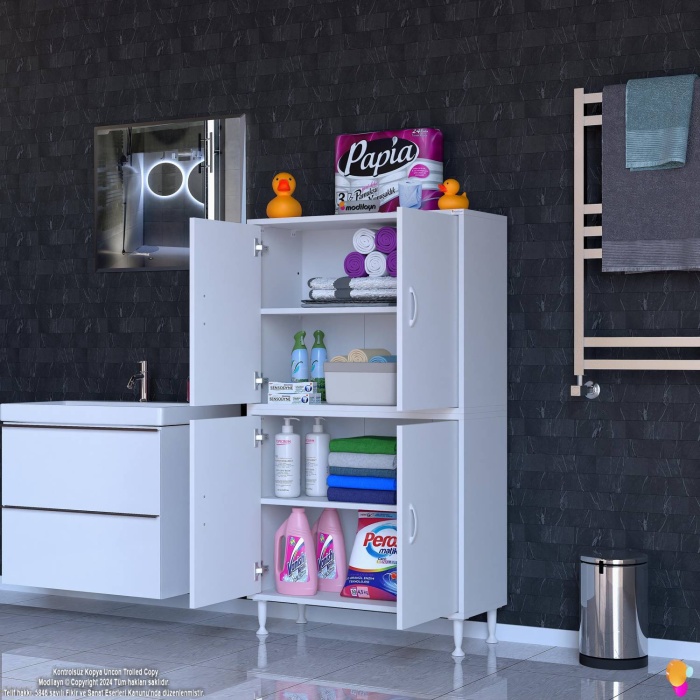 Modilayn OHBE 85x138x32,5 cm Ekstra Düzen İçin Kullanışlı 4 Kapak 4 Bölmeli Banyo Mutfak Dolabı