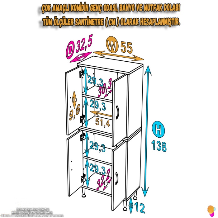 Modilayn OHBE 55x138x32,5 cm Ekstra Düzen İçin Kullanışlı 4 Kapak 4 Bölmeli Banyo Mutfak Dolabı