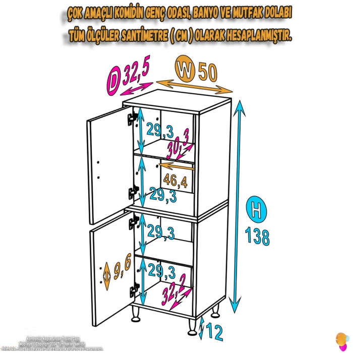 Modilayn OHBE 50x138x32,5 cm Ekstra Düzen İçin Kullanışlı 4 Kapak 4 Bölmeli Banyo Mutfak Dolabı