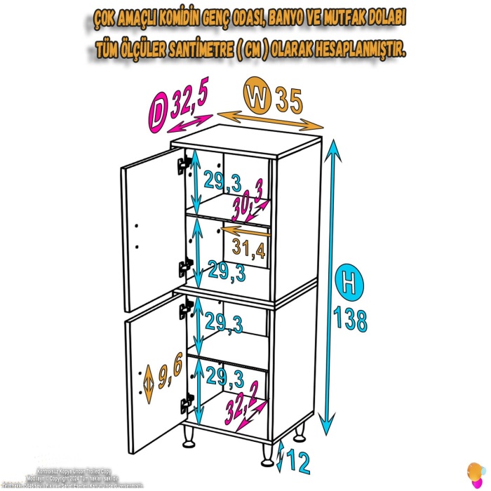 Modilayn OHBE 35x138x32,5 cm Ekstra Düzen İçin Kullanışlı 4 Kapak 4 Bölmeli Banyo Mutfak Dolabı