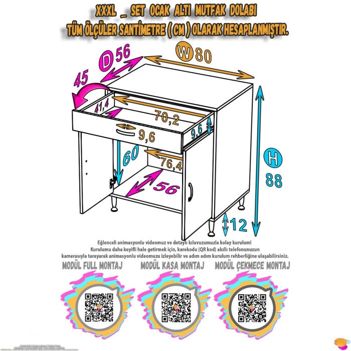 Modilayn DOQU XXXL Set Ocak Altı Dolap 80x88x56 cm Ölçülerinde 2 Kapaklı ve 1 Gözlü Tüp Bölmelidir