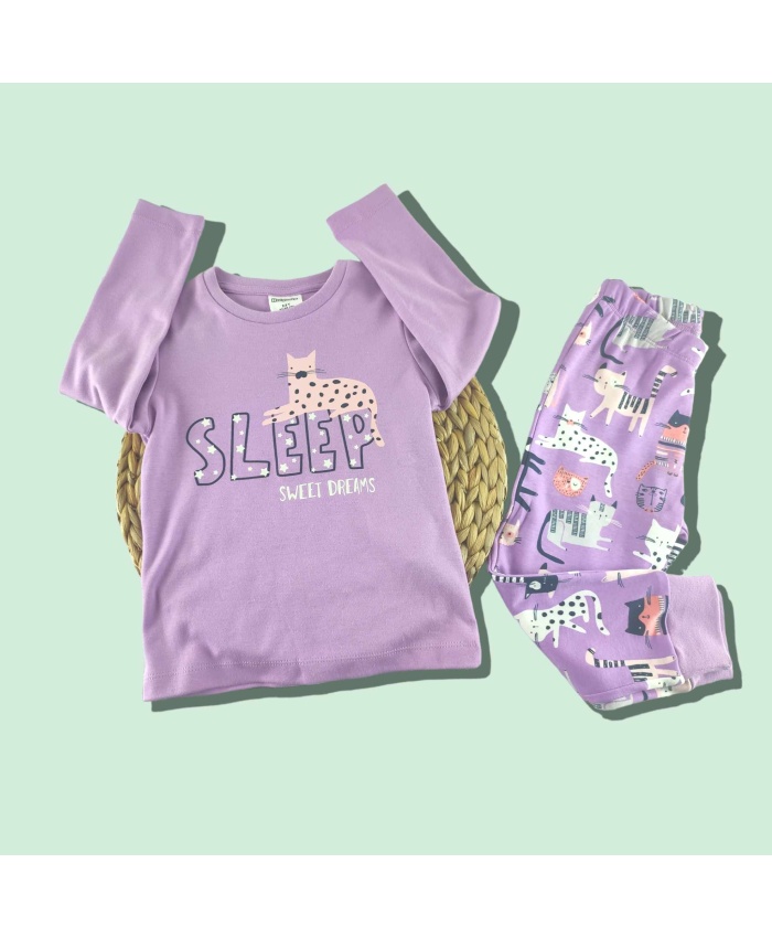 Çocuk Pijama Takımı - Mor Kedi Baskılı Uzun Kollu, Pamuklu 2-8 Yaş Arası
