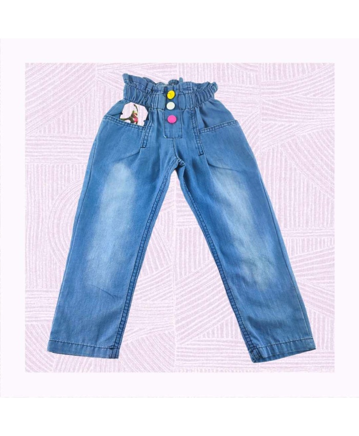 Kız Çocuk Pamuklu Jean Kot Pantolon - Bahar ve Yaz İçin Renkli Düğmeli Beli Lastikli Model - 3-8 Yaş Kullanımı