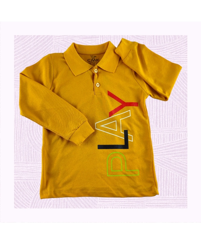 Play Desenli Erkek Çocuk Hardal Renk Polo Yakalı Sweatshirt - 8-9-10-11-12 Yaş - Düğmeli - İp Kumaş - Ribanalı Kol - Dört Mevsim Kullanıma Uygun