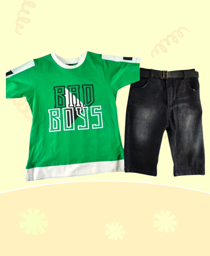 Erkek Çocuk Yeşil Yazlık Takım Kapri Tişört Kombin 7-12 Yaş 100% Pamuk
