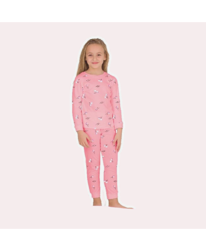 Kız Çocuk  Pijama Takımı | Pudra Renk | Kiraz Desenli | 1-5 Yaş | Uzun Kollu