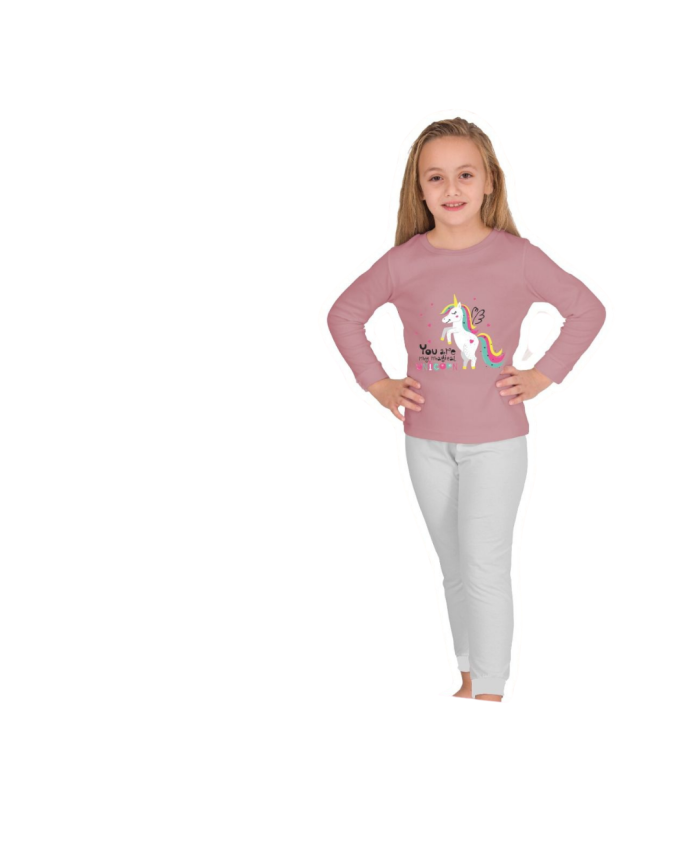 Kız Çocuk Unicorn Baskılı Pudra Renk Pamuklu Pijama Takımı - 5-9 Yaş - Uygun Fiyatlı Kaliteli Çocuk Pijamaları