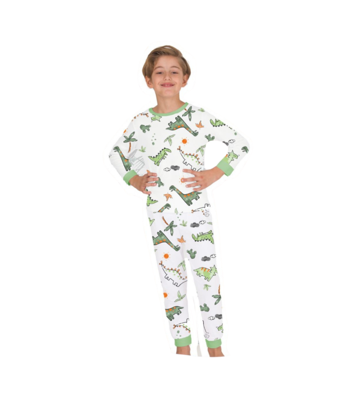 Dinazor Desenli Erkek Çocuk Pijama Takımı - Beyaz Pamuklu Uzun Kollu Pijama Seti, 1-5 Yaş