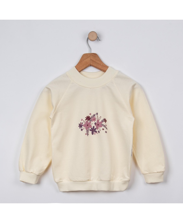 Kız Çocuk Sweatshirt | Uzun Kollu | Çiçek Desenli | Krem Renk | 2 - 6 Yaş