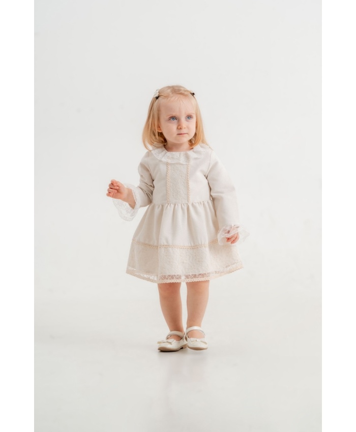 Kız Çocuk Keten Elbise | Krem Renk | 2 - 6 Yaş | Dantel Detaylı