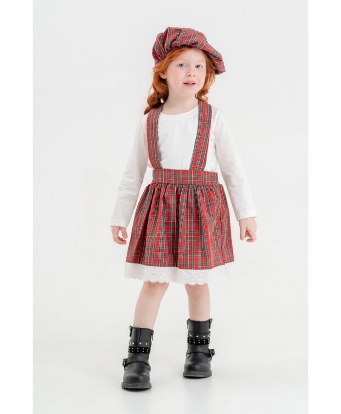 Kız Çocuk Elbise | Ekoseli | Kırmızı & Beyaz | 2 - 5 Yaş | Salopet Elbise