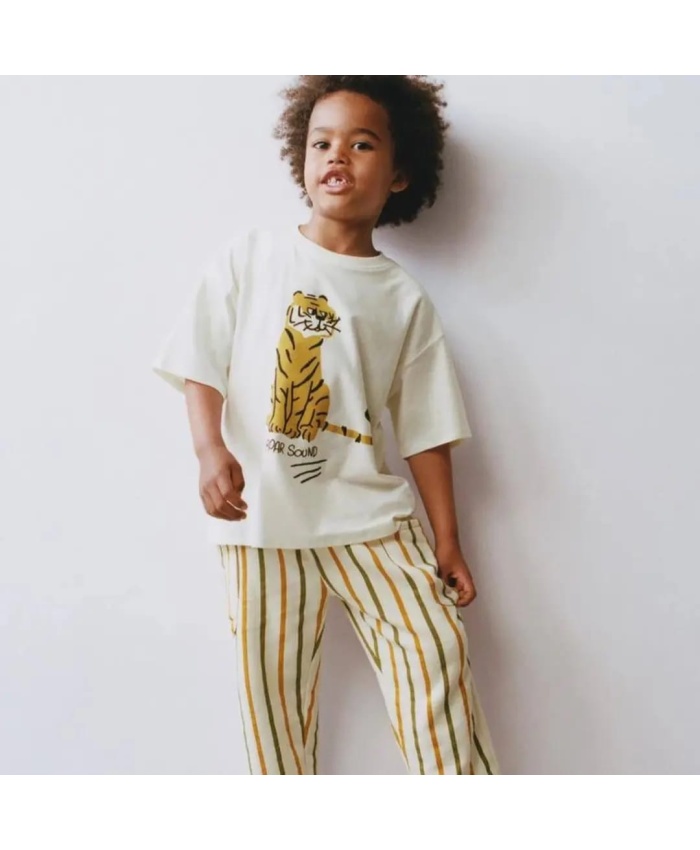 Erkek çocuk Yazlık Takım | Tshirt Ve Pantolon Takım | Kaplan Desenli | 2 - 7 Yaş | Krem & Beyaz