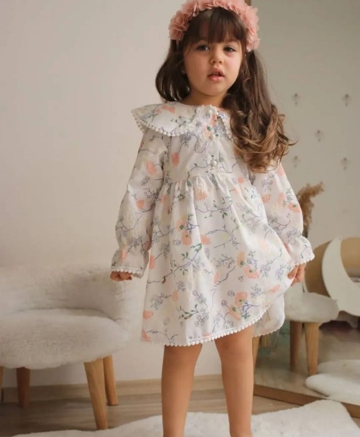 Çiçek Desenli Kız Çocuk Elbisesi | Beyaz Şık Elbise | 2 - 8 Yaş
