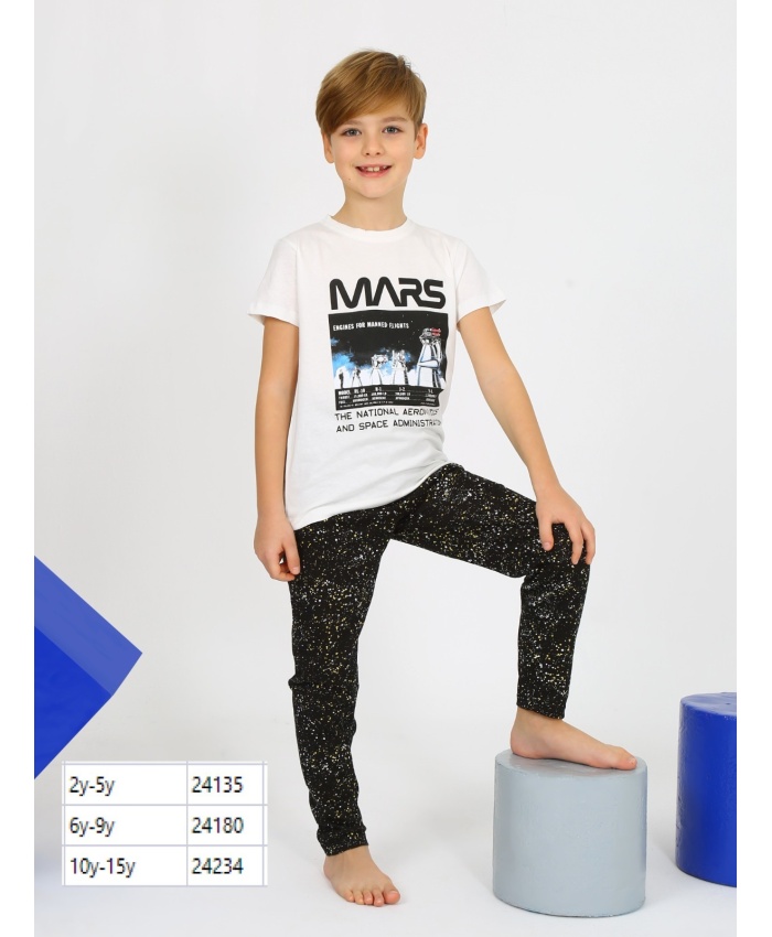 Erkek Çocuk Kısa Kollu Pijama Takımı | 2-5 Yaş  | Uyku Kıyafeti | Mars Baskılı | Beyaz