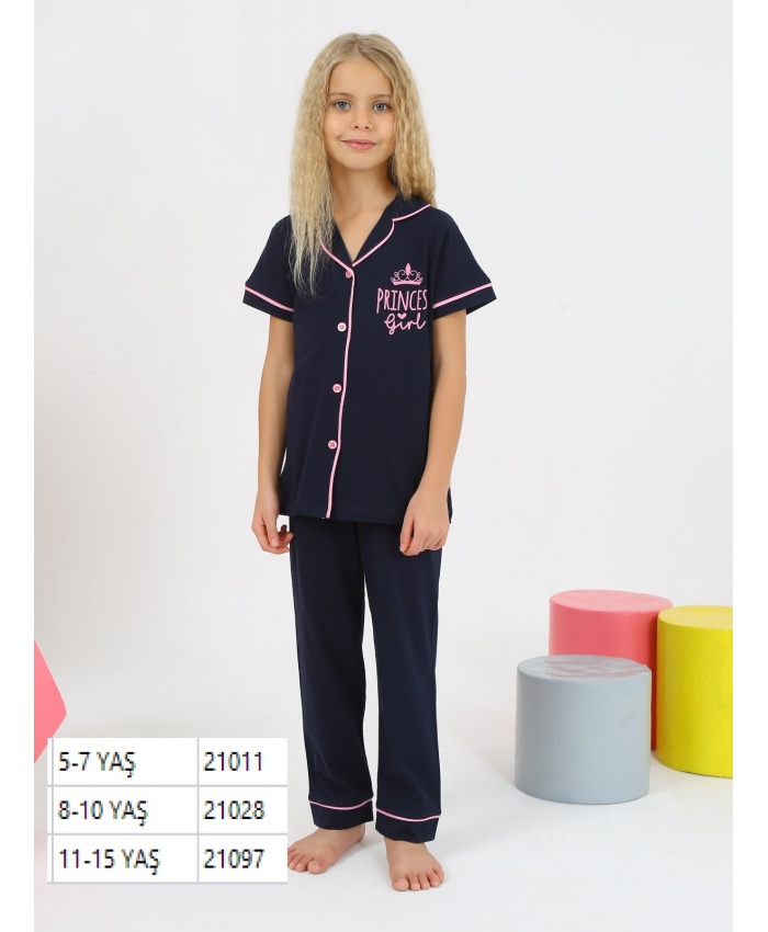 Kız Çocuk Pijama Takımı -  Önden Düğmeli Pijama Takımı | 4-7 Yaş | Siyah