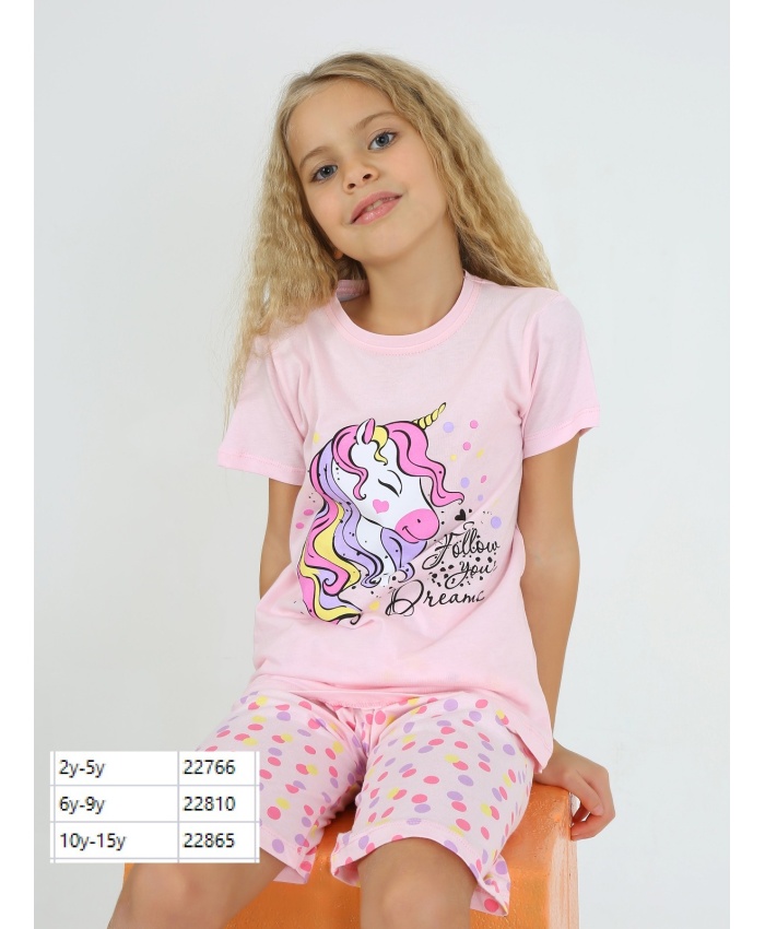 Kız Çocuk Pijama Takımı | Unicorn Desenli | Kapri ve Kısa Kollu Tshirt | 2-5 Yaş