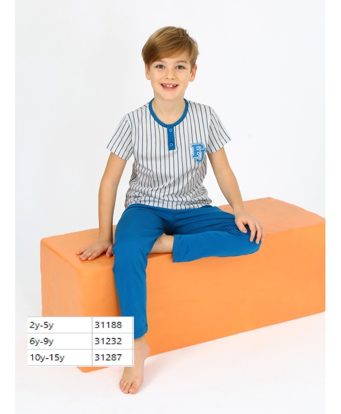 Desenli Düğmeli Erkek Çocuk Pijama Takımı | 6-7-8-9 Yaş - Mavi