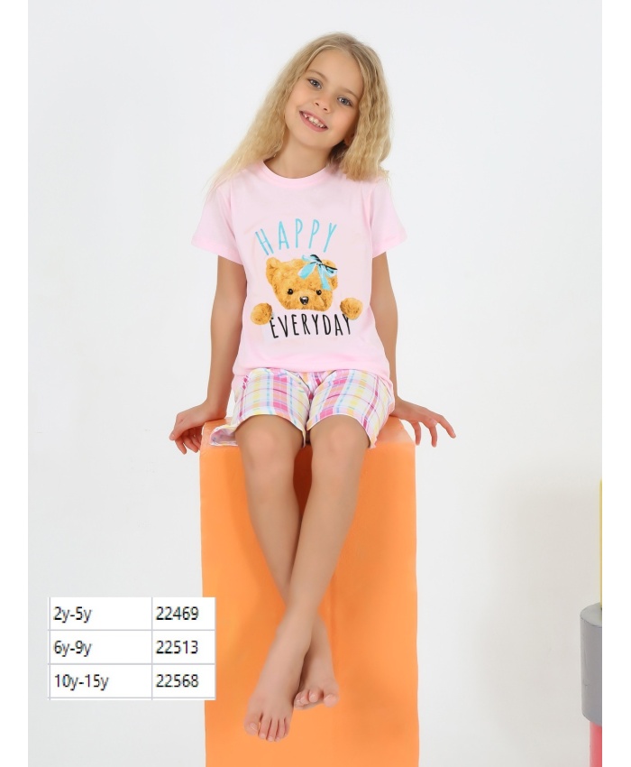 Happy Bear Kız Çocuk Pijama Takımı | Tshirt - Şort | 6-9 Yaş