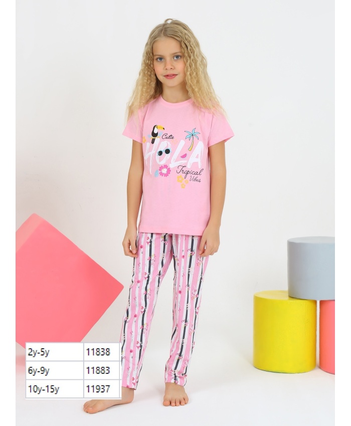 Kız Çocuk Pembe Pijama Takımı 6-9 Yaş Hola Baskılı