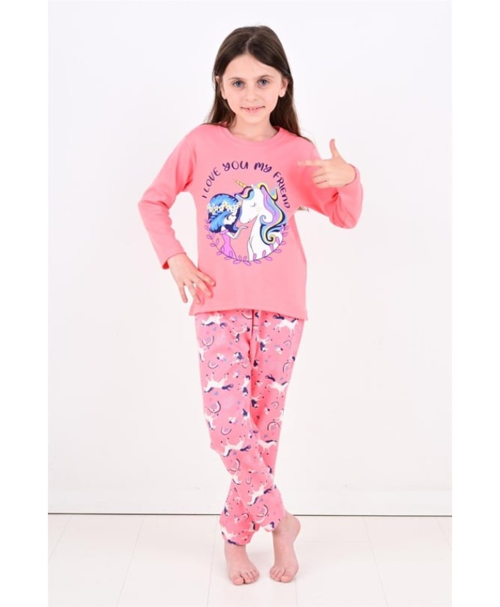 Uzun Kollu Pembe Kız Çocuk Unicorn Desenli 2 İp Pijama Takımı - 1-3 Yaş