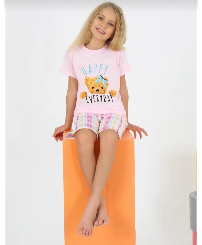 Happy Everday Ayıcık Baskılı Pembe Kız Çocuk Kaprili Pijama Takımı