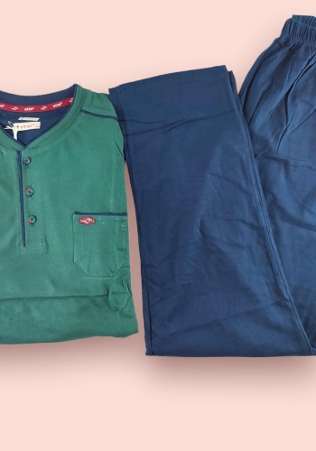 Erkek Düğmeli Pamuklu Uzun Kollu Pijama Takımı - Mavi 100% Pamuklu Uyku Seti