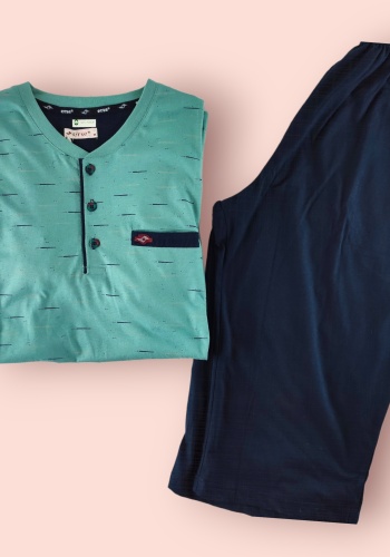 Erkek Yeşil Pamuk Kapri Pijama Takımı - Dört Mevsim Kullanıma Uygun