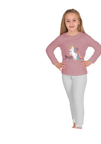 Kız Çocuk Unicorn Baskılı Pudra Renk Pamuklu Pijama Takımı | 5 - 9 Yaş