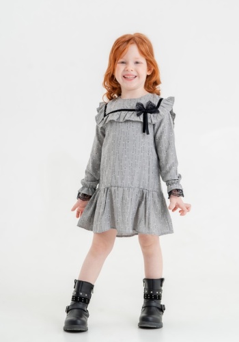 Kız Çocuk Elbise | Yıldız Desenli Gri Elbise | Fırfırlı Elbise | 2 - 8 Yaş