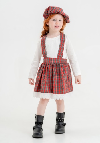 Kız Çocuk Elbise | Ekoseli | Kırmızı & Beyaz | 2 - 5 Yaş | Salopet Elbise