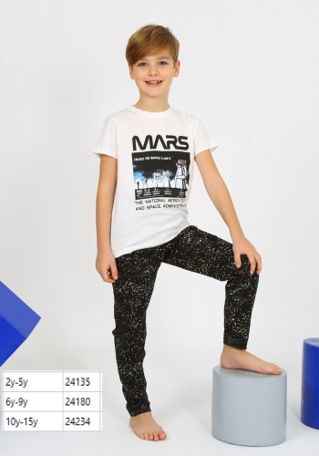 Erkek Çocuk Kısa Kollu Pijama Takımı | 2 - 5 Yaş | Uyku Kıyafeti | Mars Baskılı | Beyaz