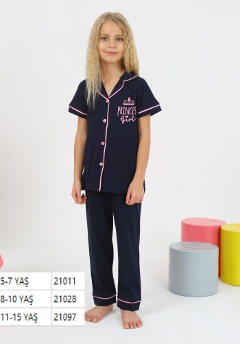 Kız Çocuk Pijama Takımı - Önden Düğmeli Pijama Takımı | 4 - 7 Yaş | Siyah