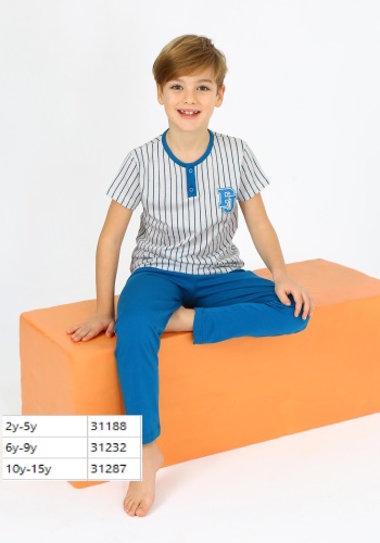 Desenli Düğmeli Erkek Çocuk Pijama Takımı | 2 - 9 Yaş | Mavi