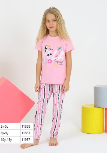 Kız Çocuk Pembe Pijama Takımı 6 - 9 Yaş Hola Baskılı