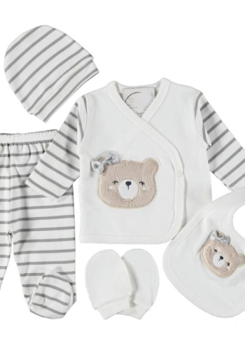 Kurdeleli Unisex Ayı Figürlü Kız Bebek 5li Zıbın Seti 0 - 3 Ay