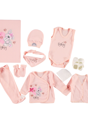 Kız Bebek 10lu Hastane Çıkışı - Pembe - Kalpli Tavşan Desenli Pembe Renk - 10 Lu Paket