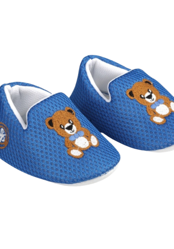 Erkek Bebek Ayıcık Nakışlı Patik - Keten - Mavi Renk - 19 - 22 Numara - Ilk Adım