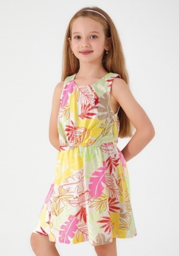 Yaprak Desenli Kız Çocuk Elbisesi | Rengarenk | 4 - 9 Yaş