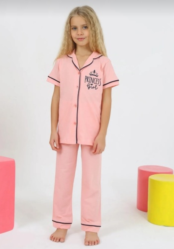 Princess Girl Baskılı Kısa Kollu Kız Çocuk Pijama Takımı | Düğmeli | 4 - 7 Yaş