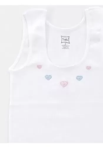 Kız Çocuk İşlemeli Geniş Askılı Pamuklu Atlet - Pembe, Mavi, Beyaz Renk Seçenekleri