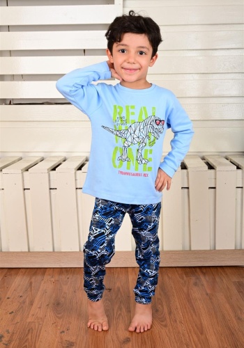 Erkek Çocuk Dino Rex Baskılı Uzun Kol Pamuklu Pijama Takımı - 1 - 9 Yaş