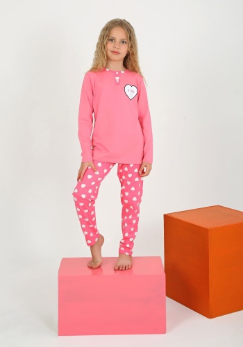Kız Çocuk Jetaıme Kalp Baskılı Uzun Kollu Pamuklu Pijama Tk.