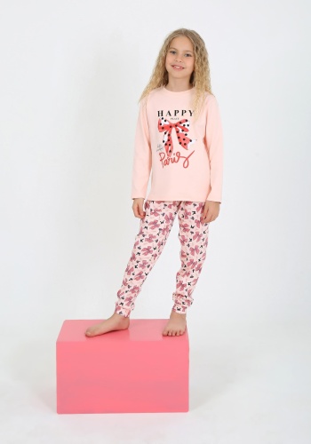 Kız Çocuk Happy Place Paris Baskılı Somon Renk Uzun Kol Pijama Tk.