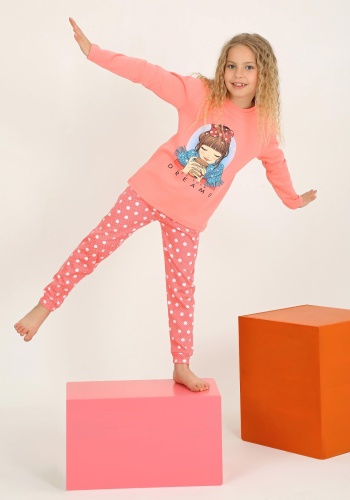 Kız Çocuk Let Your Dreams Baskılı Puantiyeli Somon Renk Pijama Tk.