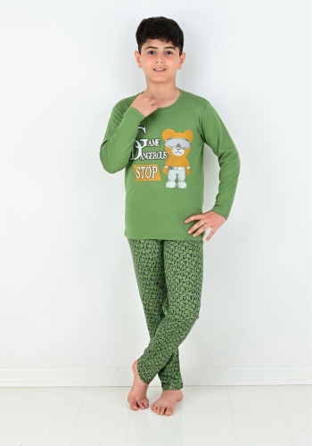 Erkek Çocuk Game Dan Gereos Ayıcık Baskılı Yeşil Renk Uzun Kollu Pijama Tk.