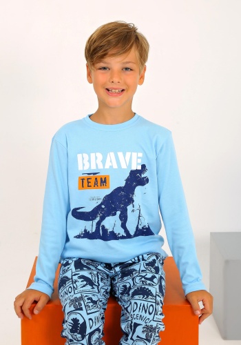 Erkek Çocuk Brave Team Yazılı Dinazor Baskılı Mavi Renk Pijama Tk.