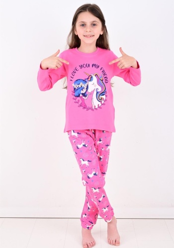 Kız Çocuk Unicornlu Love You My Frıend Yazılı Pamuklu Pembe Renk Pijama Tk.